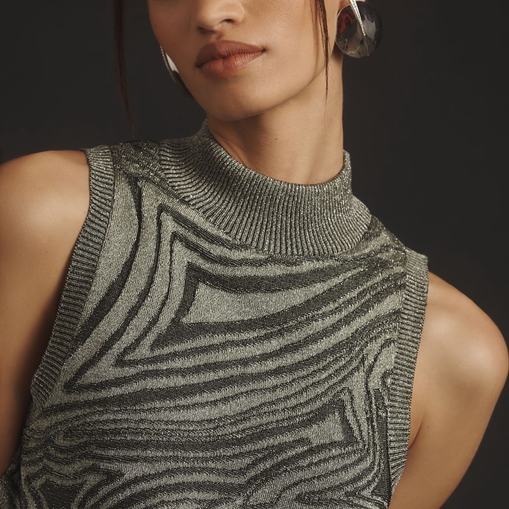 ANTHROPOLOGIE Metallic Sleeveless Mock-Neck Sweater Mini Dresssize Small - Picture 3 of 7